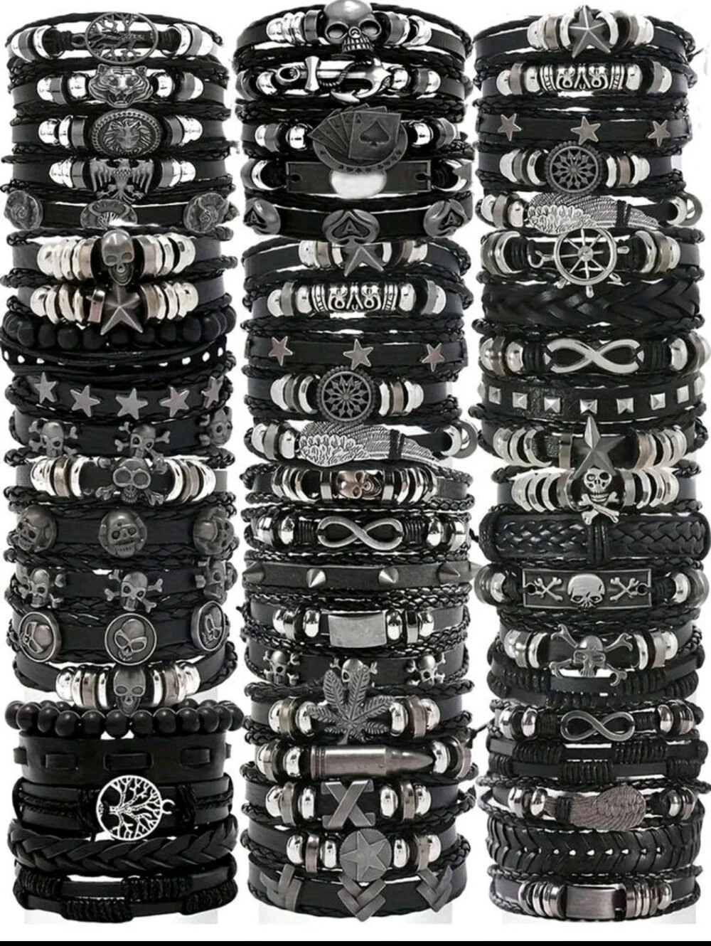 Black Layered Men’s Leather Bracelet Set - 30 Pieces MIX